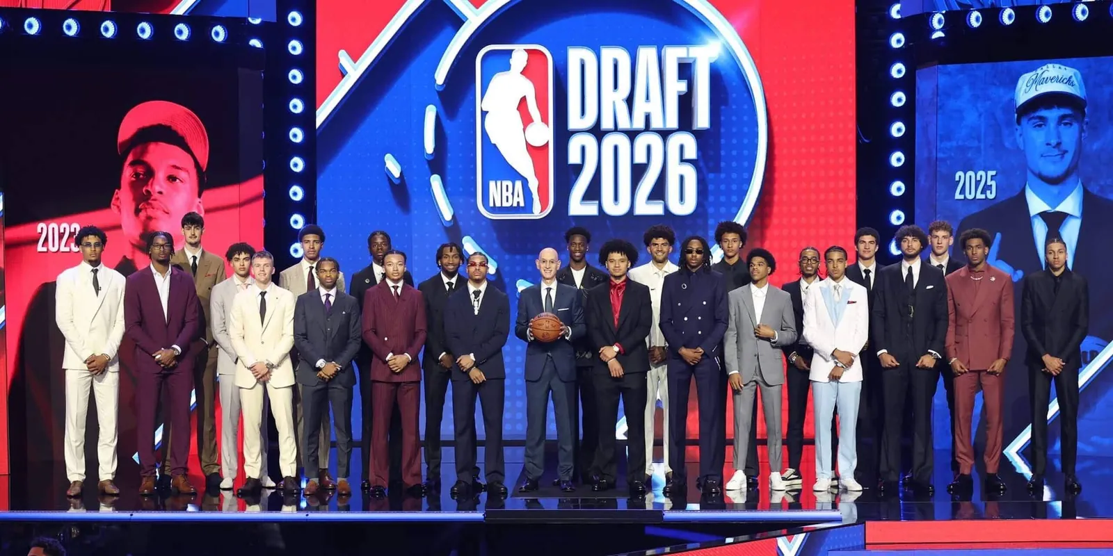 Group shot of 2026 NBA Draft class on stage at Barclays Center.