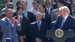 Dodgers visit White House, owner gifts championship ring to Trump