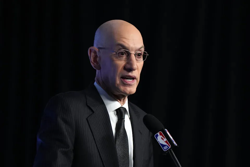 Feb 18, 2023; Salt Lake City, UT, USA; NBA commissioner Adam Silver at a press conference during the 2023 All Star Saturday Night at Vivint Arena. Mandatory Credit: Kirby Lee-USA TODAY Sports