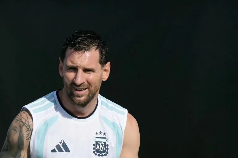 Argentina's forward #10 Lionel Messi takes part in a training session ahead of Argentina's 2026 World Cup football tournament round of 32 match against Cape Verde at Sporting KC Training Centre in Kansas City on June 29, 2026. (Photo by JUAN MABROMATA / AFP)