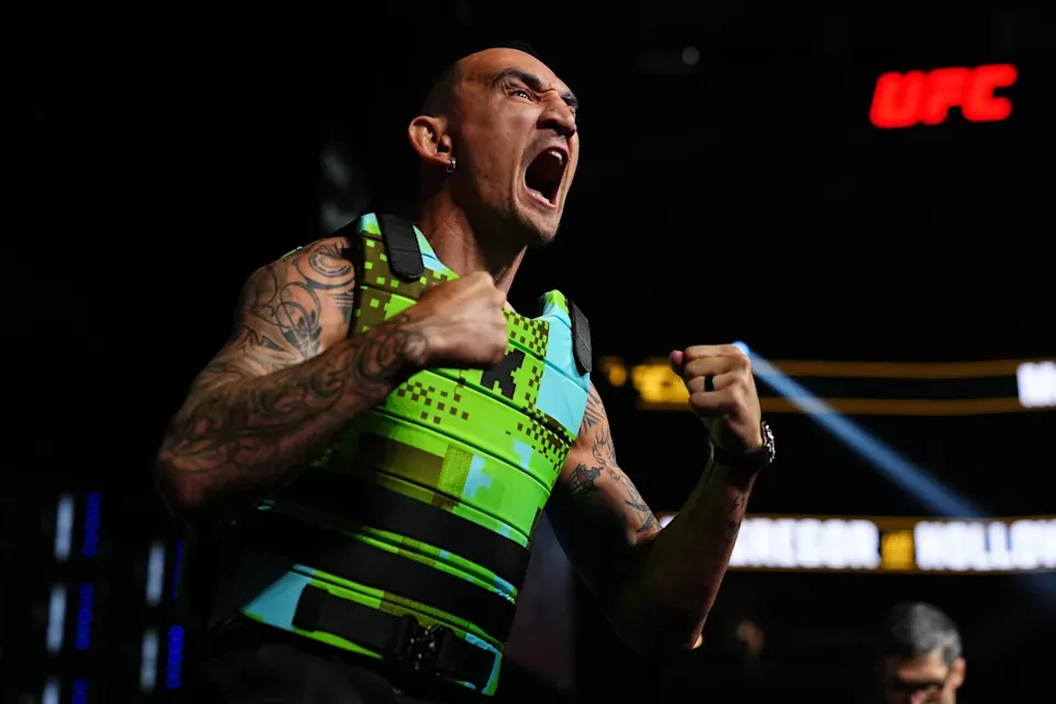 LAS VEGAS, NEVADA - JULY 09: Max Holloway reacts to the crowd during the UFC 329 press conference at T-Mobile Arena on July 09, 2026 in Las Vegas, Nevada. (Photo by Chris Unger/Zuffa LLC)