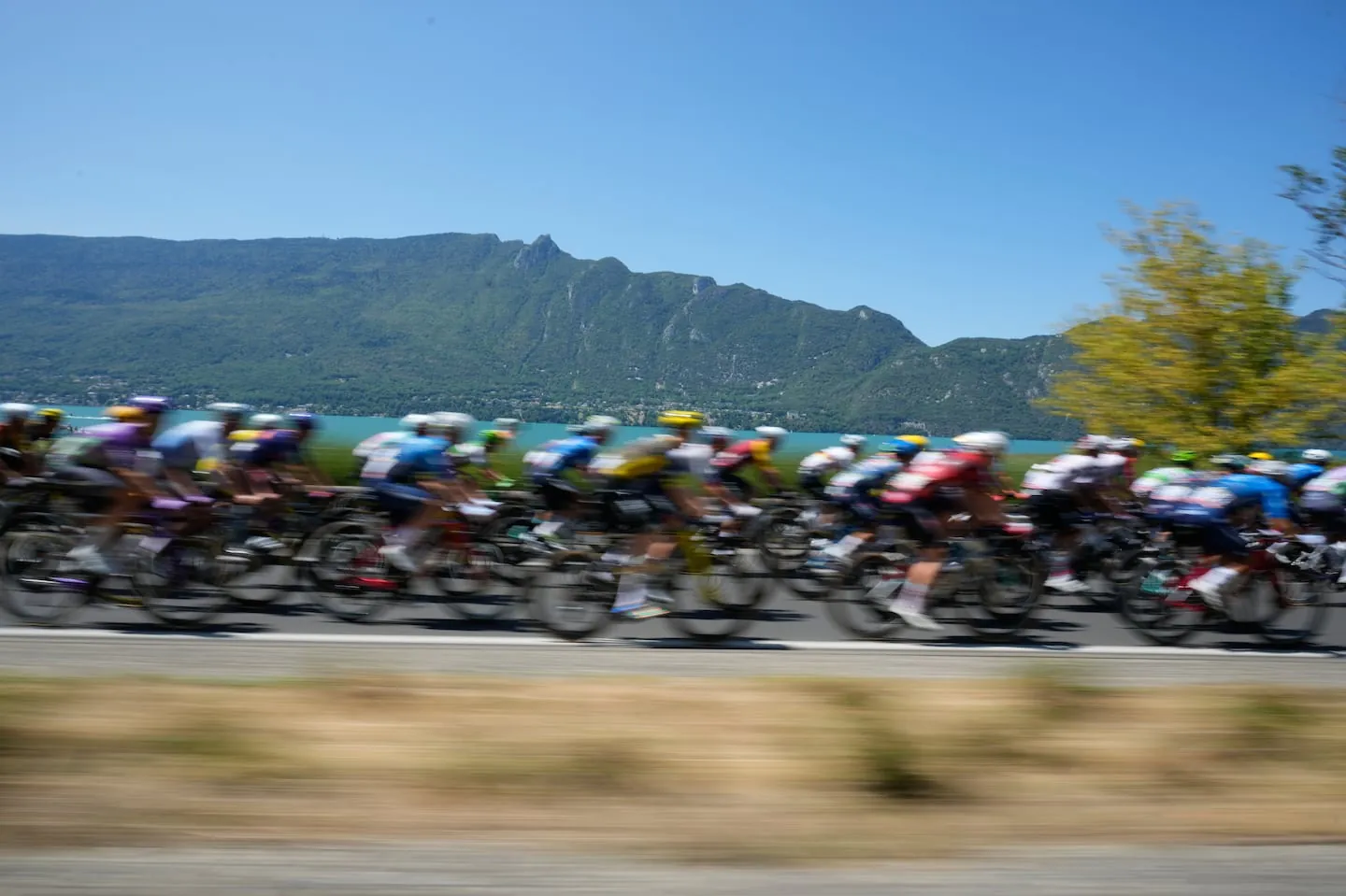 The pack rides during the seventeenth stage of the Tour de France cycling race, with start in Chambery and finish in Voiron France, Wednesday, July 22, 2026. (AP Photo/Mosa'ab Elshamy)