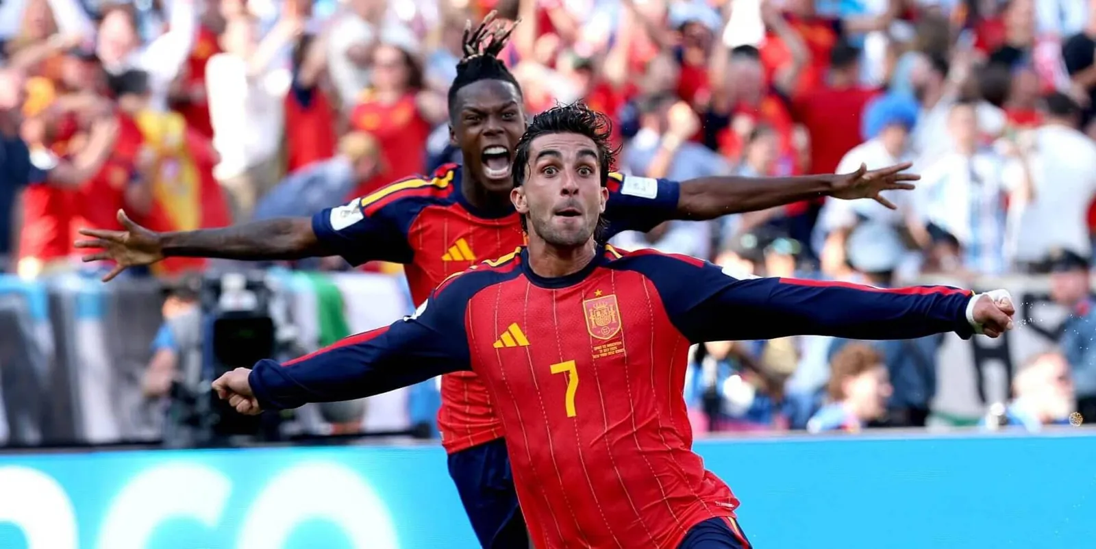 Ferran Torres celebrates his World Cup-winning goal against Argentina