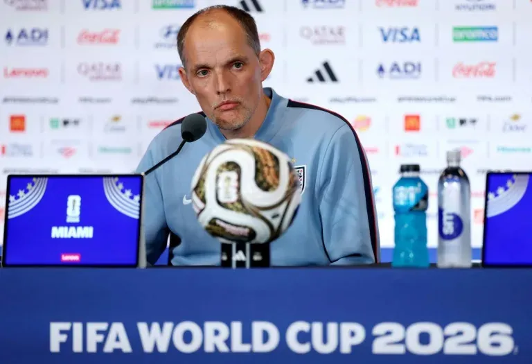 England boss Thomas Tuchel speaks to reporters in Miami on the eve of his team's World Cup third-place play-off against France (Kevin C. Cox)