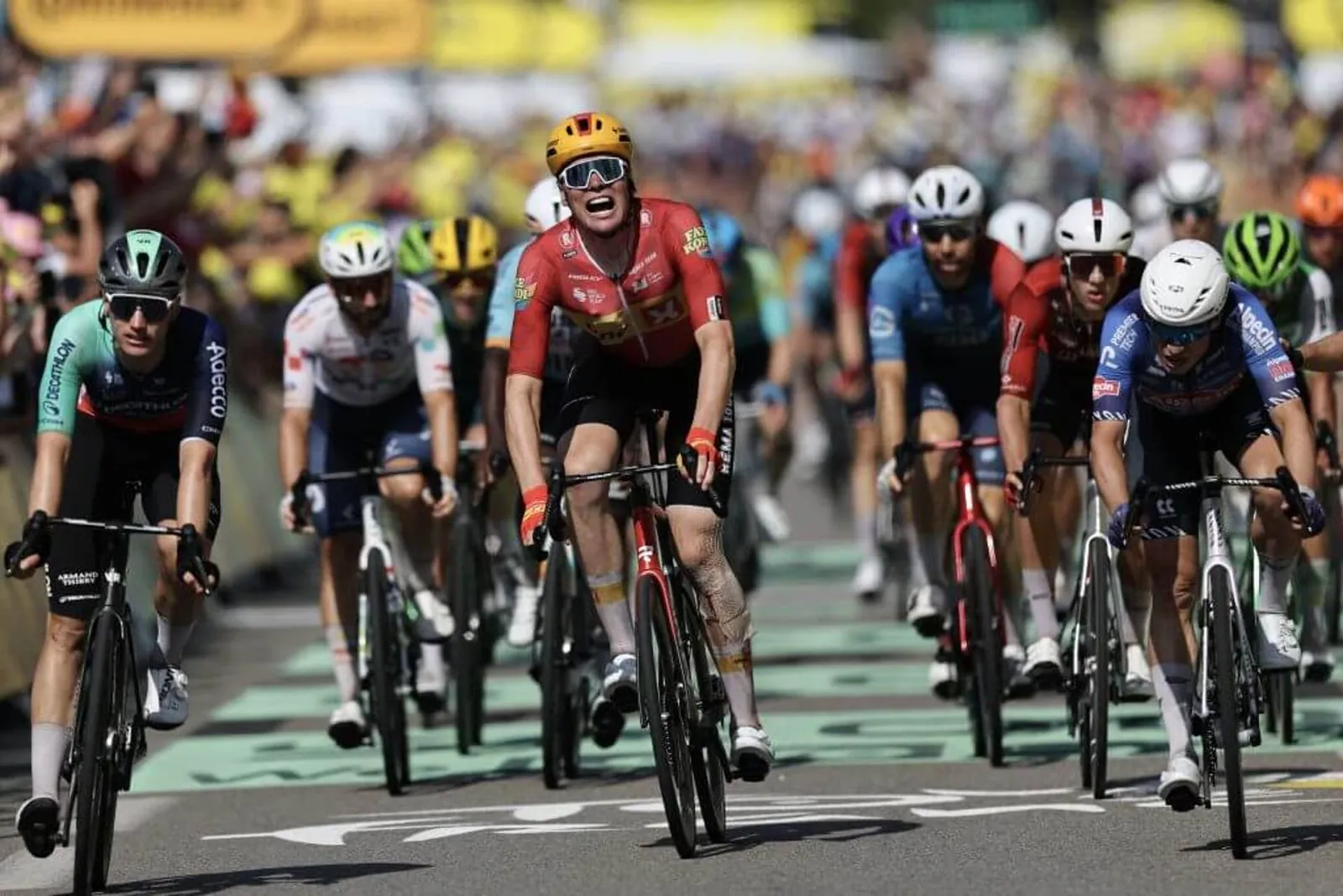 Waerenskjold reacts as he wins stage 11, run at a staggering 50.96 km/h