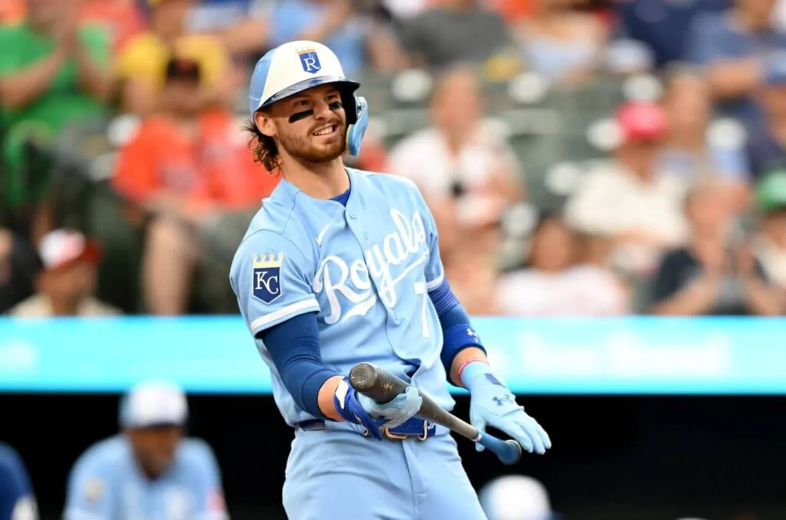 Bobby Witt Jr. #7 of the Kansas City Royals reacts after striking out in the first inning against the Baltimore Orioles at Oriole Park at Camden Yards on July 11, 2026 in Baltimore, Maryland.