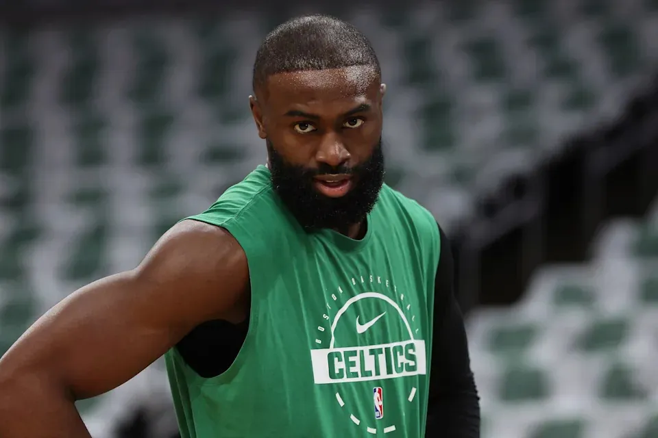 May 2, 2026; Boston, Massachusetts, USA; Boston Celtics guard Jaylen Brown (7) on the court before game seven of the first round of the 2026 NBA Playoffs against the Philadelphia 76ers at TD Garden. © Winslow Townson-Imagn Images